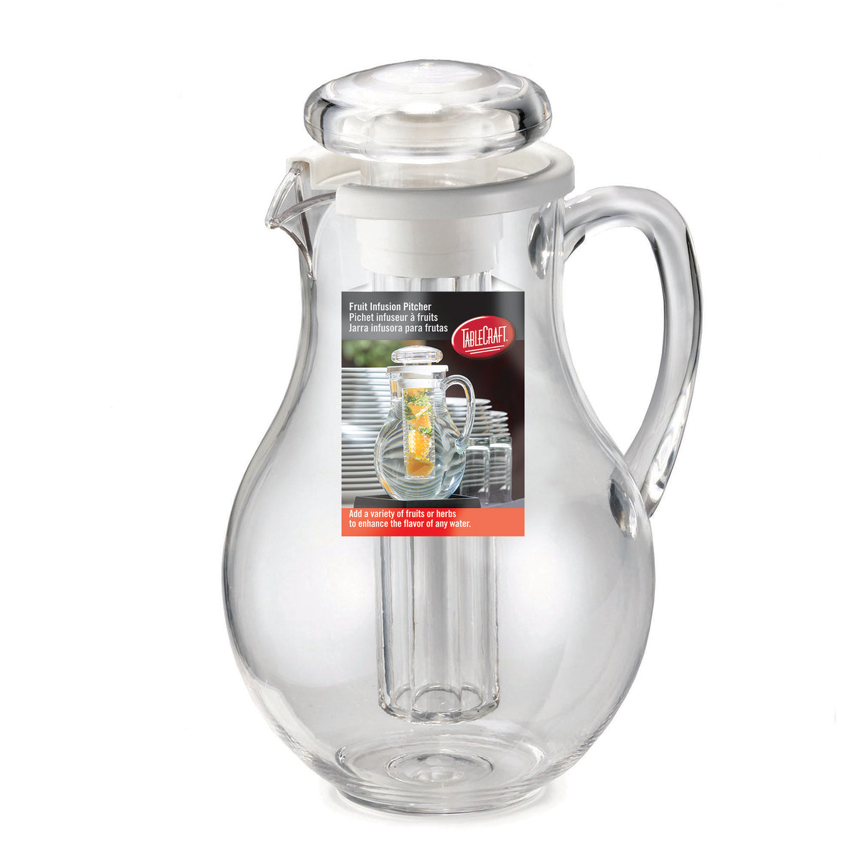 A clear polycarbonate pitcher with a lid and built-in infuser tube, shown empty except for a label featuring a fruit-filled image. This dishwasher safe pitcher has a wide, round body, single handle, and is perfect for refreshing drinks.