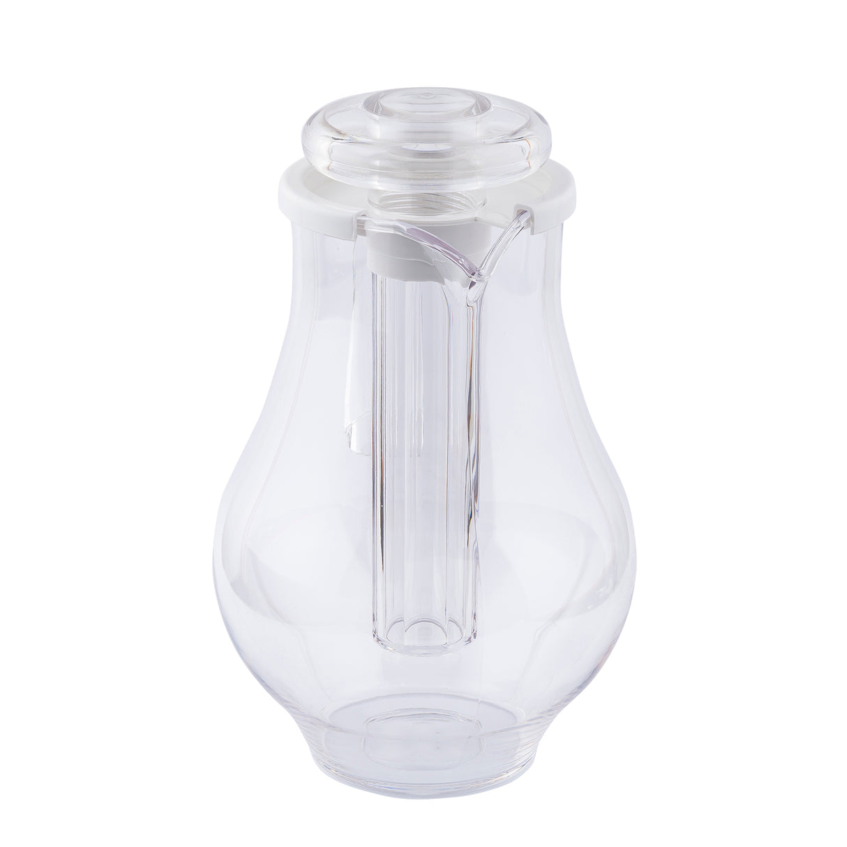 A clear Center Ice Core Pitcher with a wide base, narrow neck, and fitted round lid. Inside, a long cylindrical compartment holds ice to keep drinks cold without dilution. This dishwasher safe pitcher is perfect for effortless entertaining.