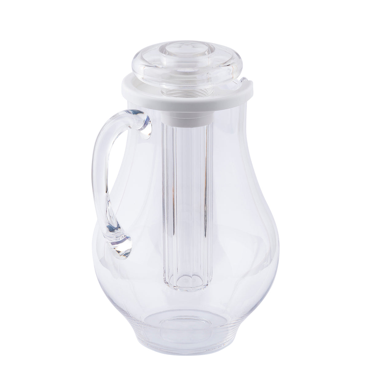 A clear polycarbonate pitcher with a curved handle and wide base, featuring a fitted white lid. Inside, a removable cylindrical infuser tube is ideal for adding fruit or tea. This dishwasher safe pitcher is empty and set against a white background.