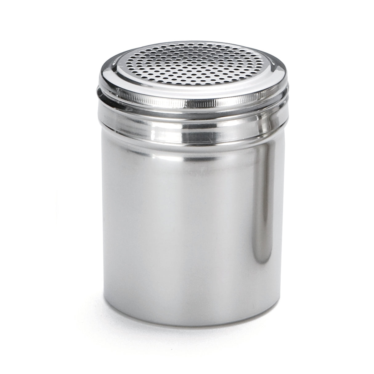 A shiny stainless steel shaker with a cylindrical body and a perforated screw-on lid, designed for sprinkling powdered ingredients. The reflective surface adds style, and the container is dishwasher safe for easy cleaning.
