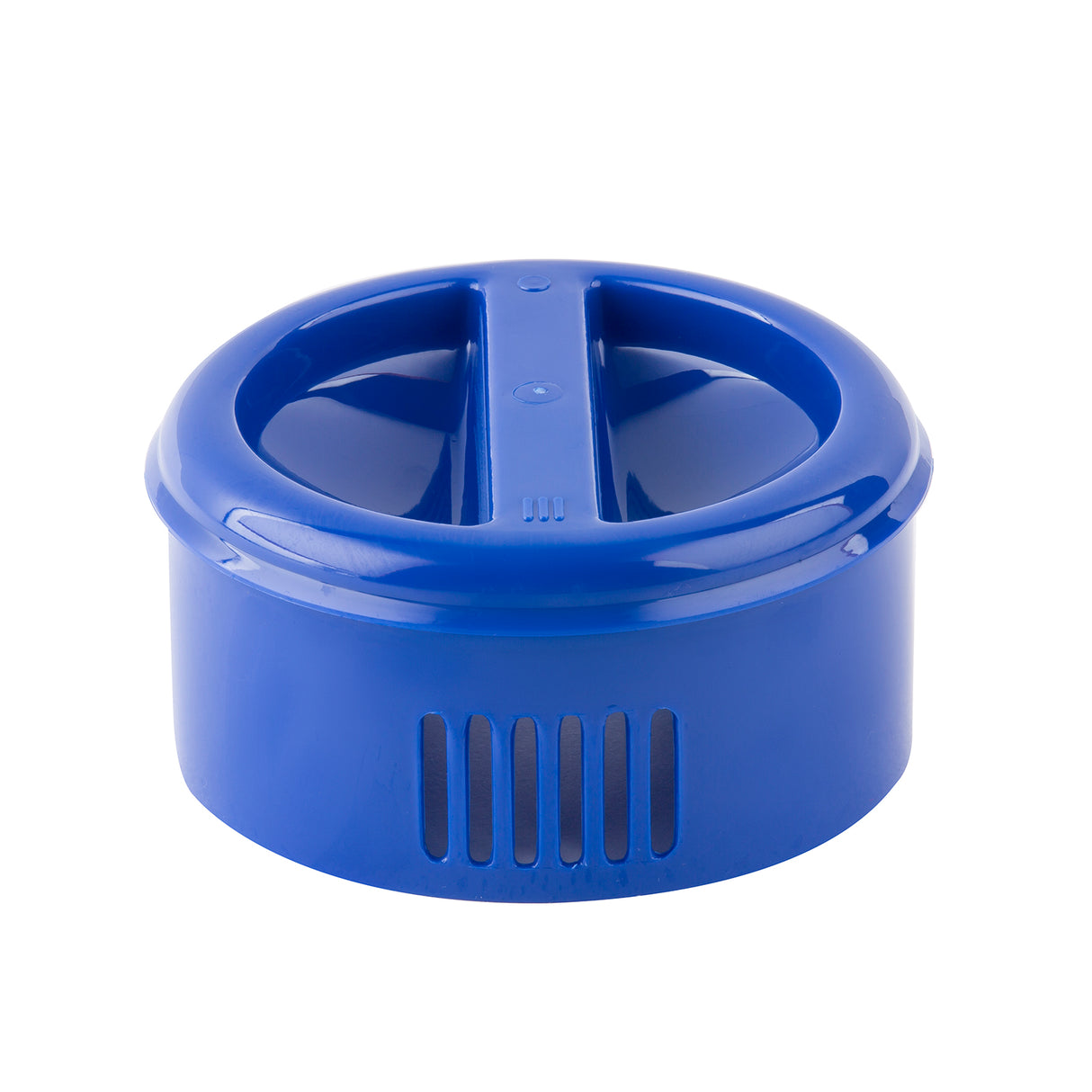 A round, blue plastic container with a vented side and a raised, divided lid featuring a handle across the top; this BPA free design suggests it may be used for holding and dispensing something, such as a pool chemical dispenser.
