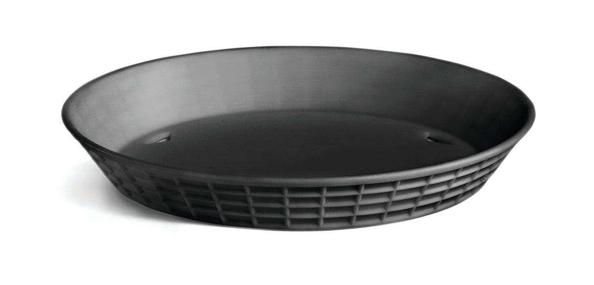 A round, black Platter Basket with a shallow design and a textured, grid-like pattern on the outer sides. The inside is smooth, dishwasher safe, and the basket is set against a plain white background.