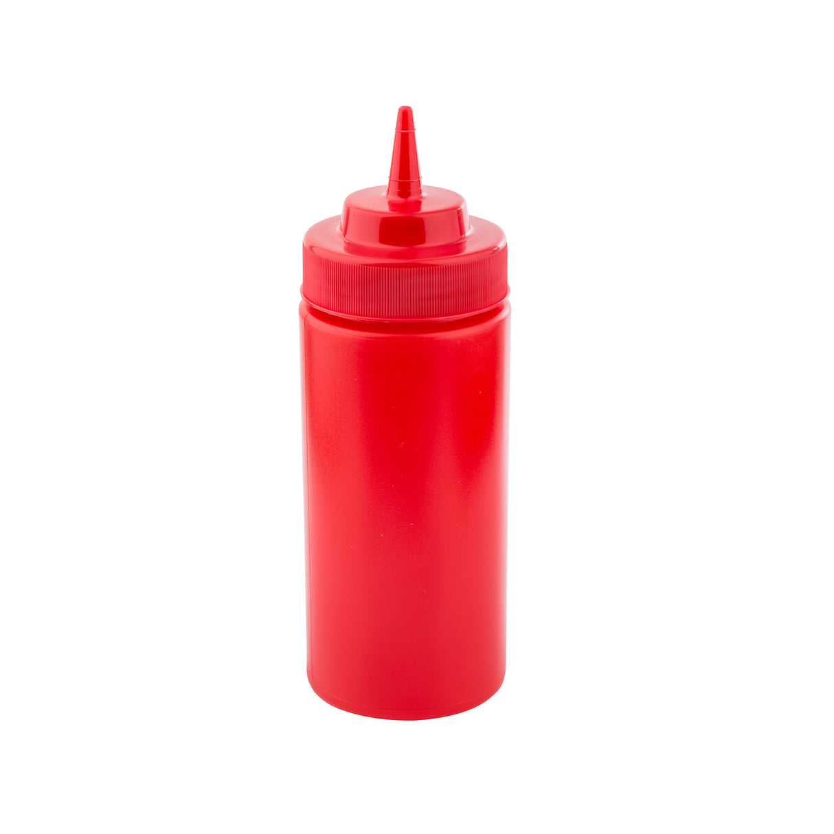 A red 16 oz WideMouth Squeeze Bottle with a pointed nozzle tip and screw-on cap stands upright on a white background. This dishwasher safe squeeze bottle is perfect for dispensing condiments like ketchup in kitchens or restaurants.