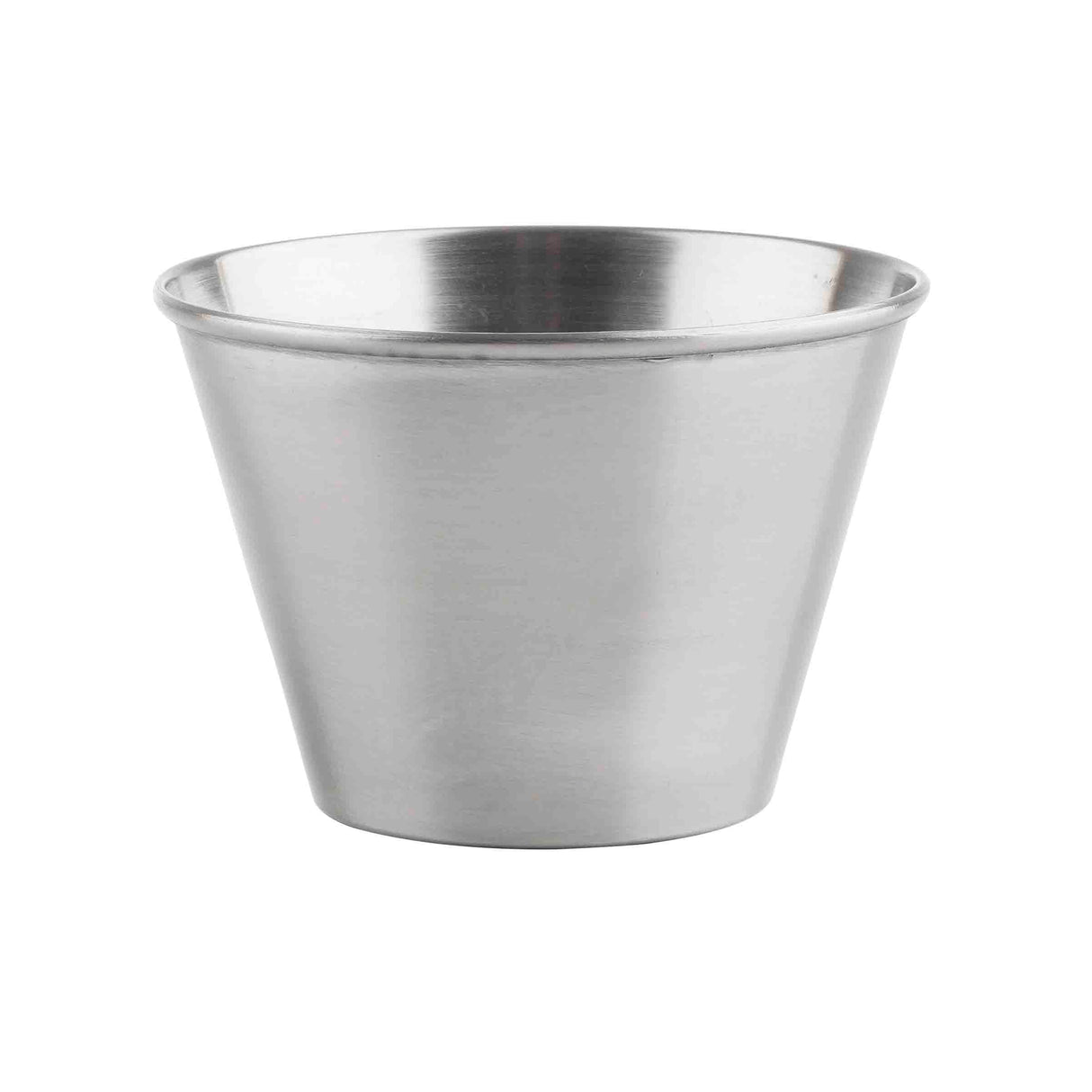 A small, plain stainless steel sauce cup with a wide rim and tapering sides. Its smooth, reflective surface is dishwasher safe, and it sits on a white background with no visible handles, patterns, or decorations.