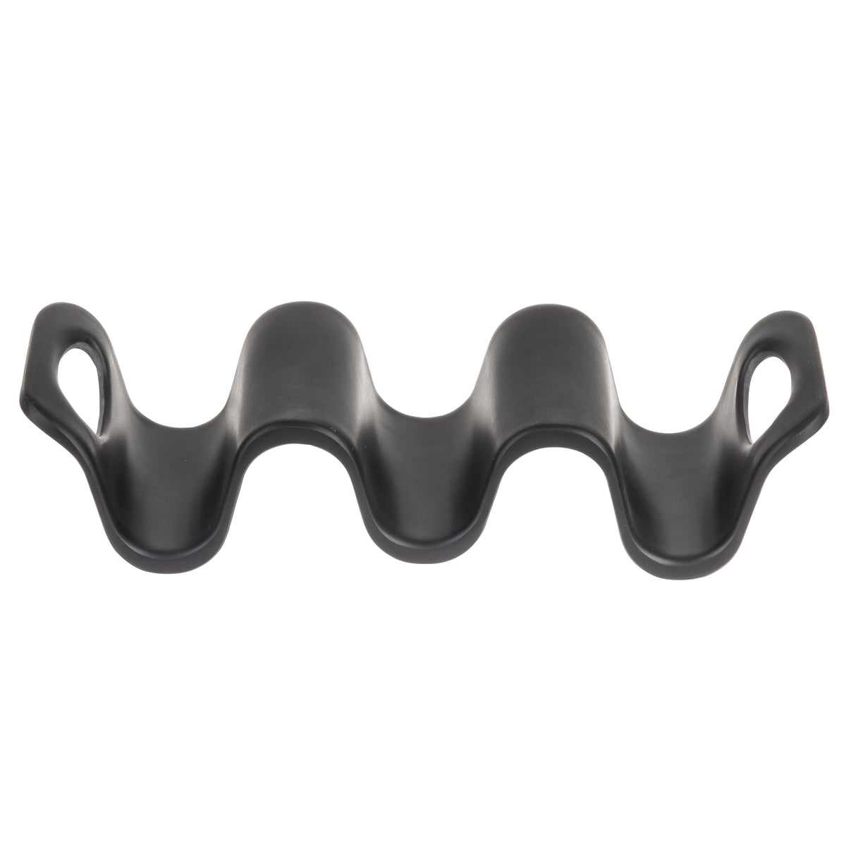A black, wavy, elongated TableCraft Taco Taxi crafted from durable melamine features three deep valleys and handles at each end. Its sculpted tray design with smooth, evenly spaced curves is ideal for organizing or serving tacos and other cylindrical items.