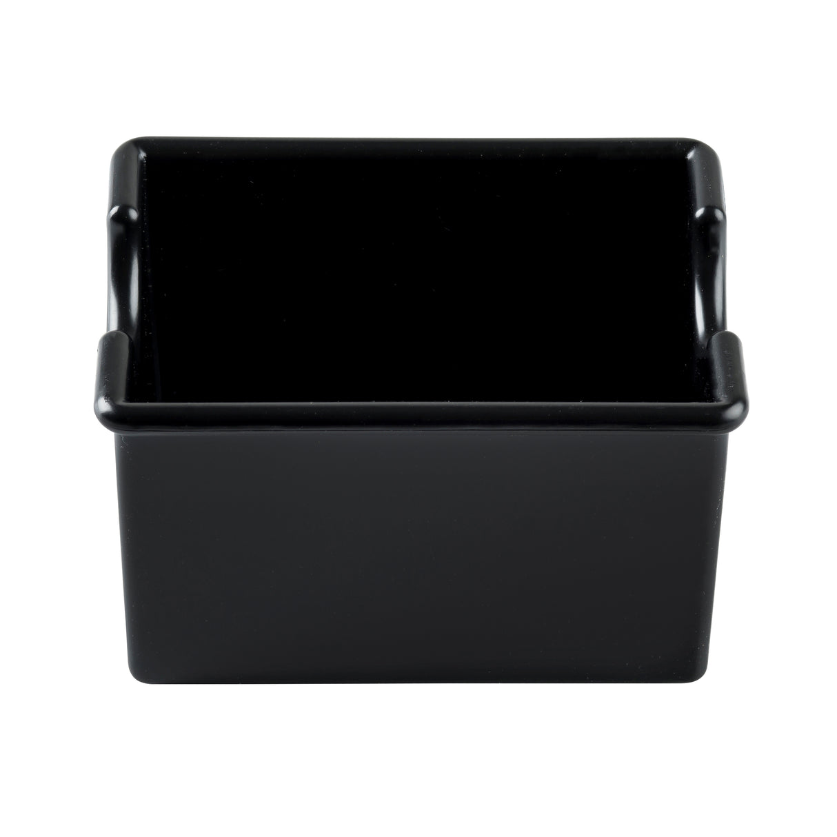 A small, square, black ceramic TableCraft Sugar Packet Holder with a glossy finish, shown from the front on a white background. The ramekin features straight sides and slightly rounded corners in a simple, modern design that’s dishwasher safe.