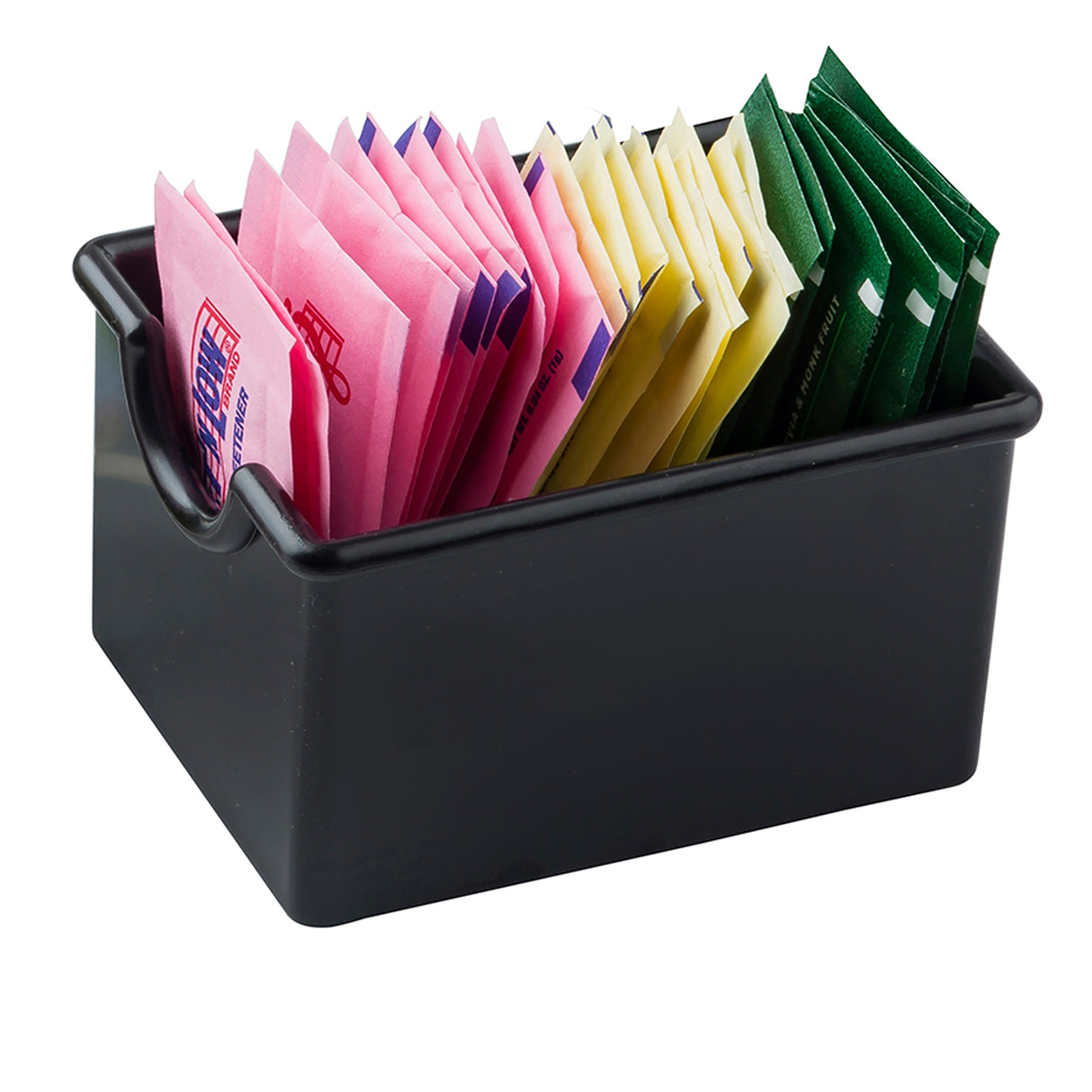 A black rectangular TableCraft Sugar Packet Holder displays three rows of sweetener packets—pink, yellow, and green. The packets are neatly arranged upright in the dishwasher safe container, each color representing a different type of sweetener.