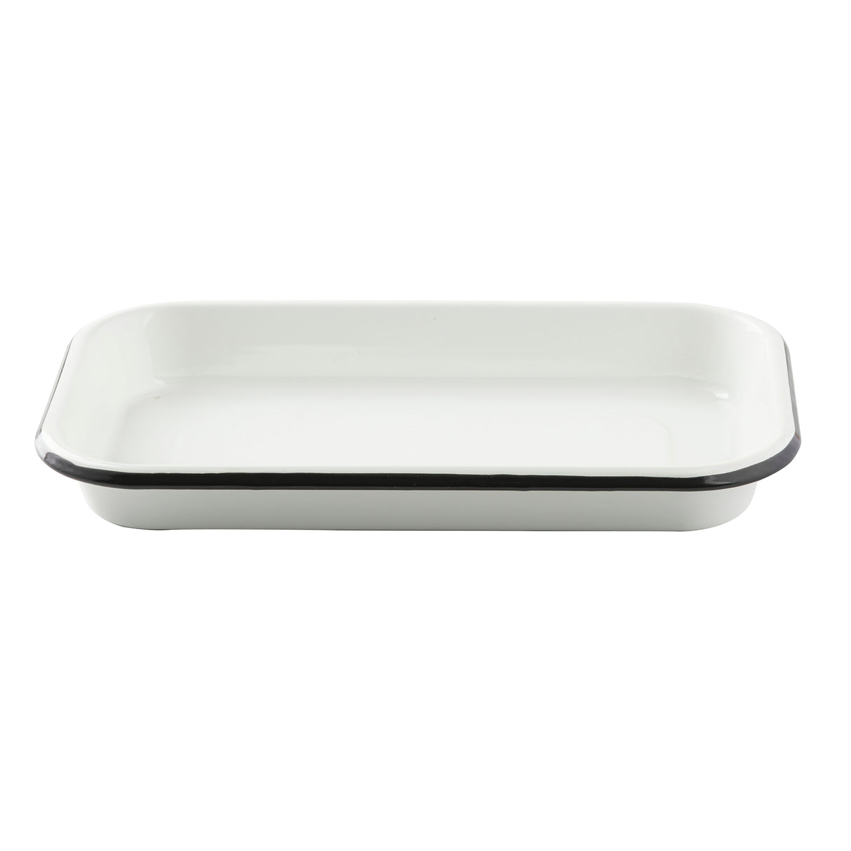 A rectangular 1/8 size white enamel baking dish with slightly rounded corners and a black trim around the top edge, shown on a plain white background. The dish resembles a small sheet pan, simple and unadorned with a smooth, glossy surface.