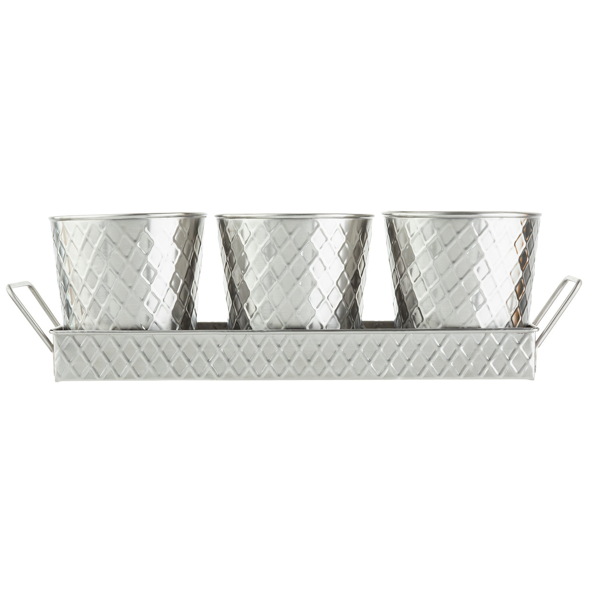 Three silver, diamond-patterned metal planters sit side by side in a matching TableCraft Products tray with two handles, all featuring a raised geometric design. This stainless steel snack set has a shiny, reflective finish and a modern, industrial look.