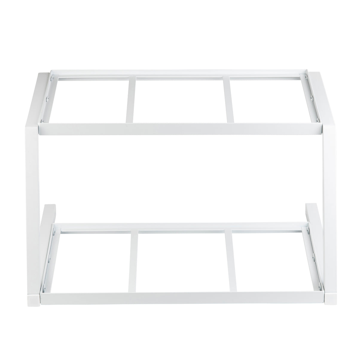 A white, rectangular Grab & Go Frame made of powder coated steel with two levels, open sides, and a minimalist design. Each level features parallel bars, making it a simple shelf or storage rack photographed against a plain white background.