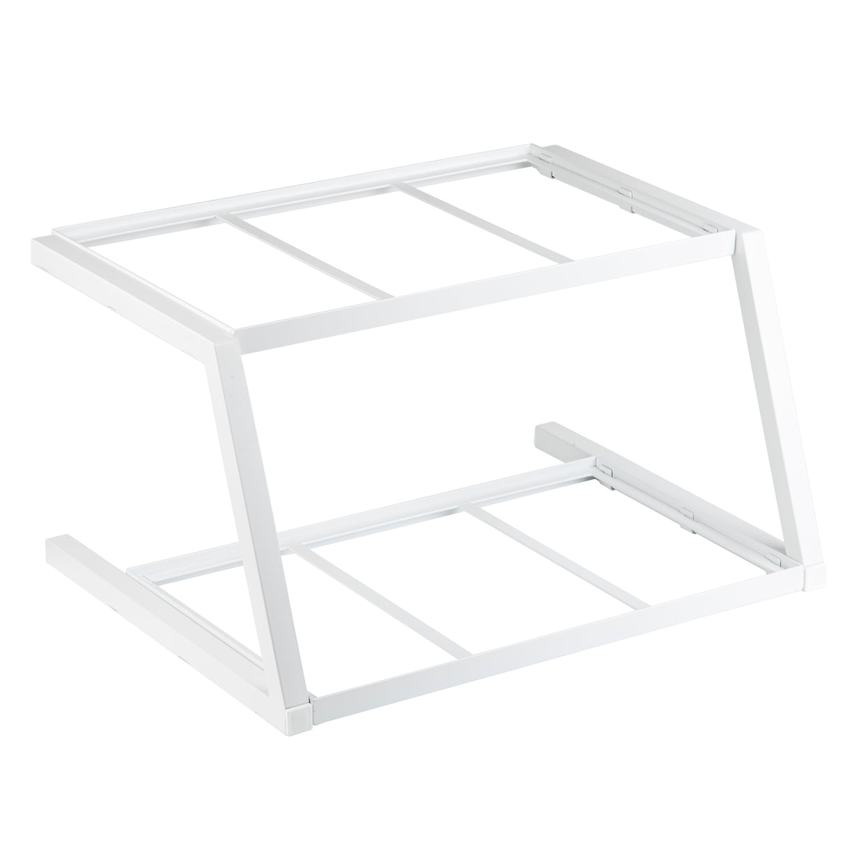A white, powder coated steel, Z-shaped stand with two horizontal bars on top and bottom, designed for holding equipment like a keyboard or DJ controller. The open Grab & Go Frame is minimalistic, featuring straight lines and no decorative elements.