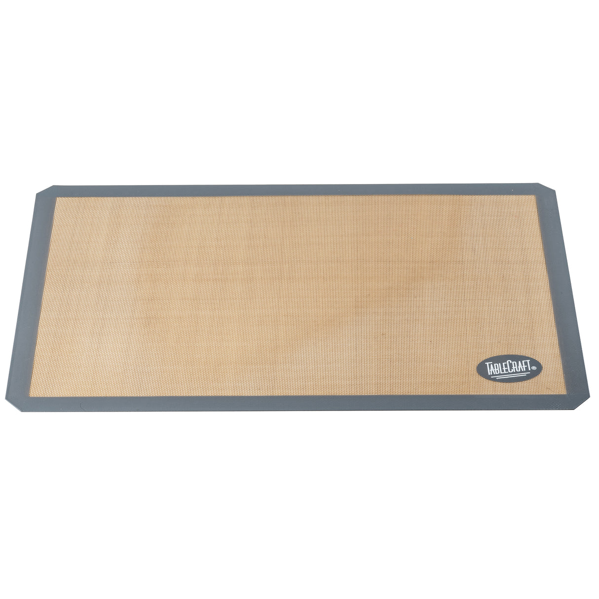A full size, rectangular, tan-colored silicone baking mat with a dark gray border and the TableCraft logo in white on one corner. The mat lies flat and is designed for nonstick baking or food prep.