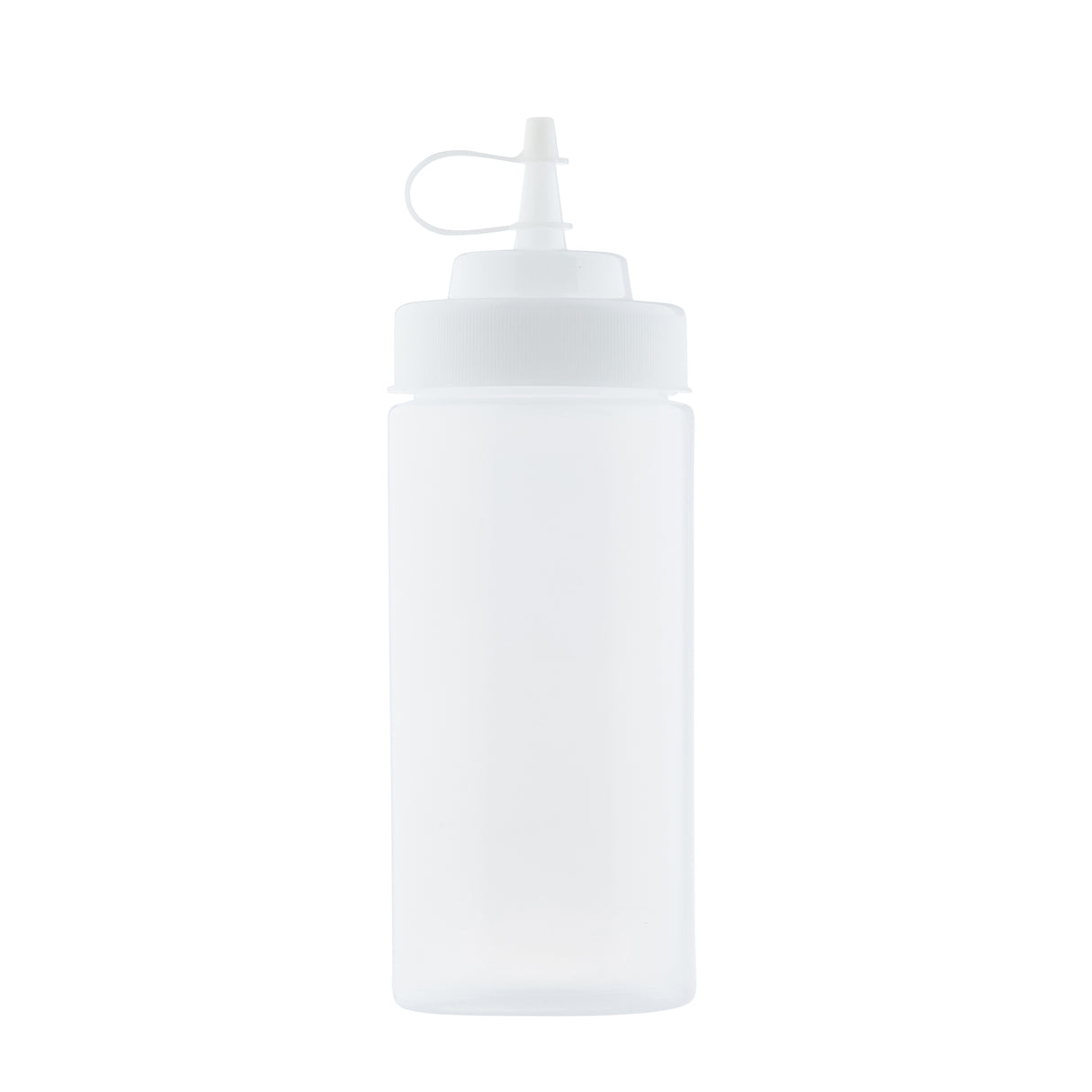 A translucent polyethylene squeeze bottle with a white screw-on cap and narrow nozzle tip. The dishwasher safe bottle features a small attached cover to seal the nozzle, and is photographed empty against a plain white background.