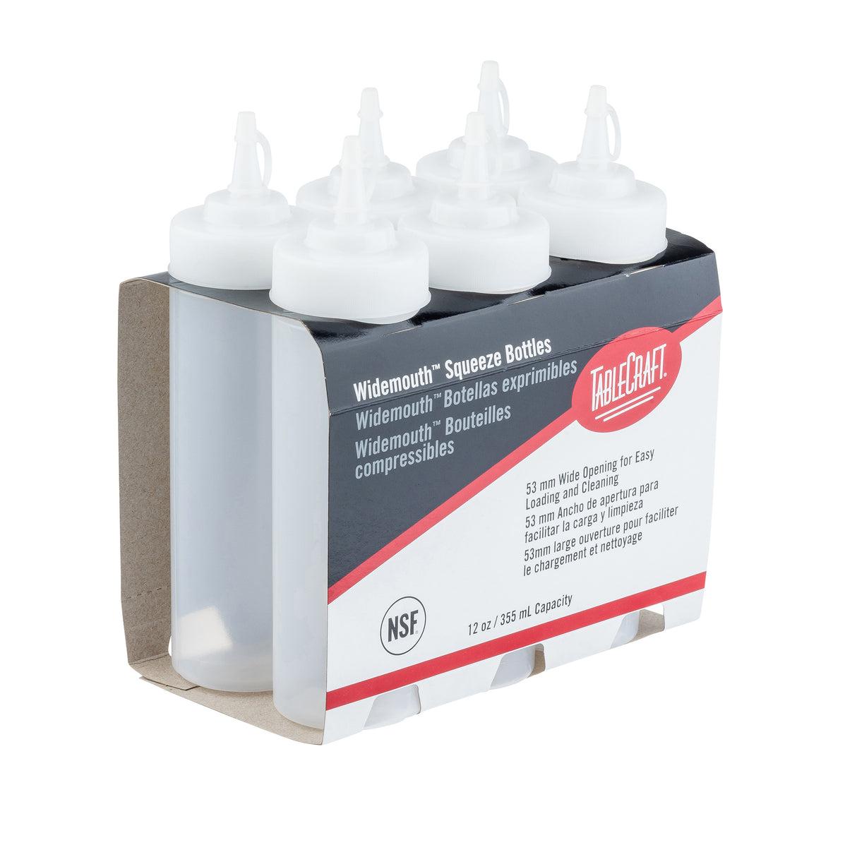 Six clear polyethylene squeeze bottles with white caps are arranged in a cardboard holder. The packaging label highlights their WideMouth Squeeze Bottle design, 12 oz (355 ml) capacity, dishwasher safe material, and multilingual text.