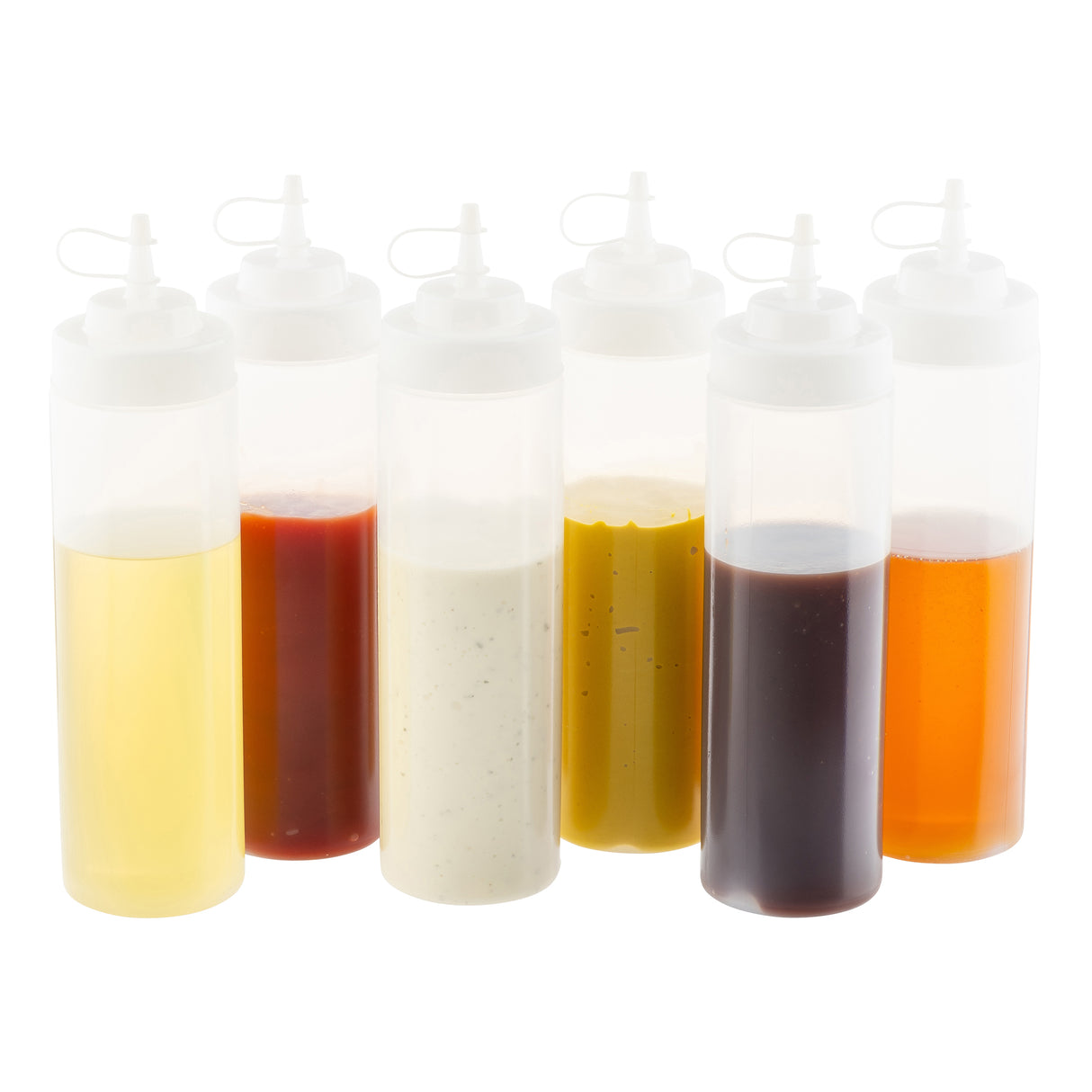Six clear WideMouth Squeeze Bottles made of polyethylene with white caps are lined up, each filled with a different colorful condiment. The bottles, set against a white background, are dishwasher safe for easy cleaning.