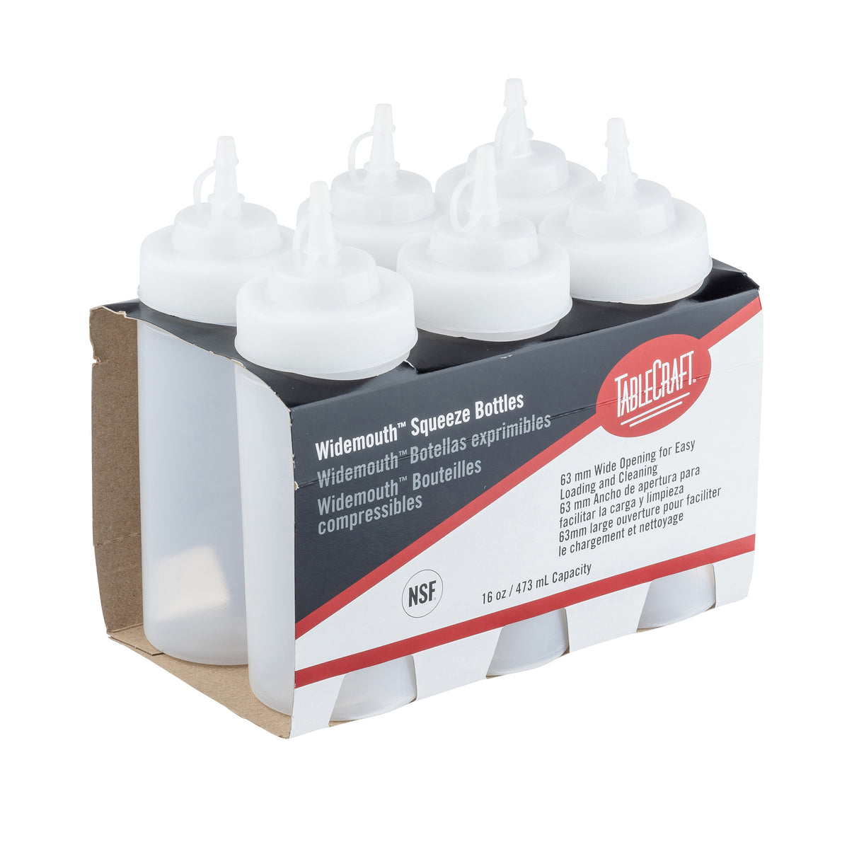 Six empty, clear polyethylene WideMouth Squeeze Bottles with white caps are held in a brown cardboard holder. The label highlights features like dishwasher safe and 16 oz (473 ml) capacity. Bottles are upright in two rows.