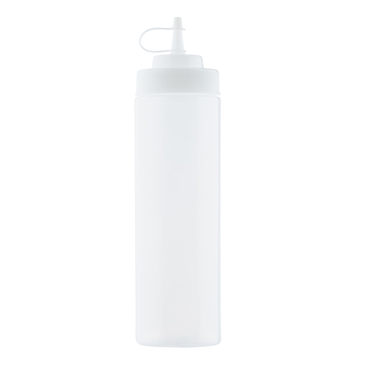 A translucent, cylindrical WideMouth Squeeze Bottle with a pointed nozzle tip and a white screw-on cap. The bottle is dishwasher safe and stands upright on a white background, featuring a small attached cap covering the nozzle.