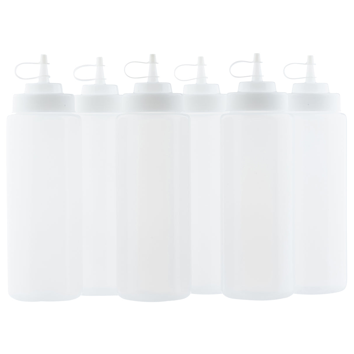 Six clear, plastic WideMouth Squeeze Bottles with white nozzle caps are arranged side by side against a white background. Each dishwasher safe bottle has a pointed tip, a small cover for sealing the nozzle, and is identical in size and shape.