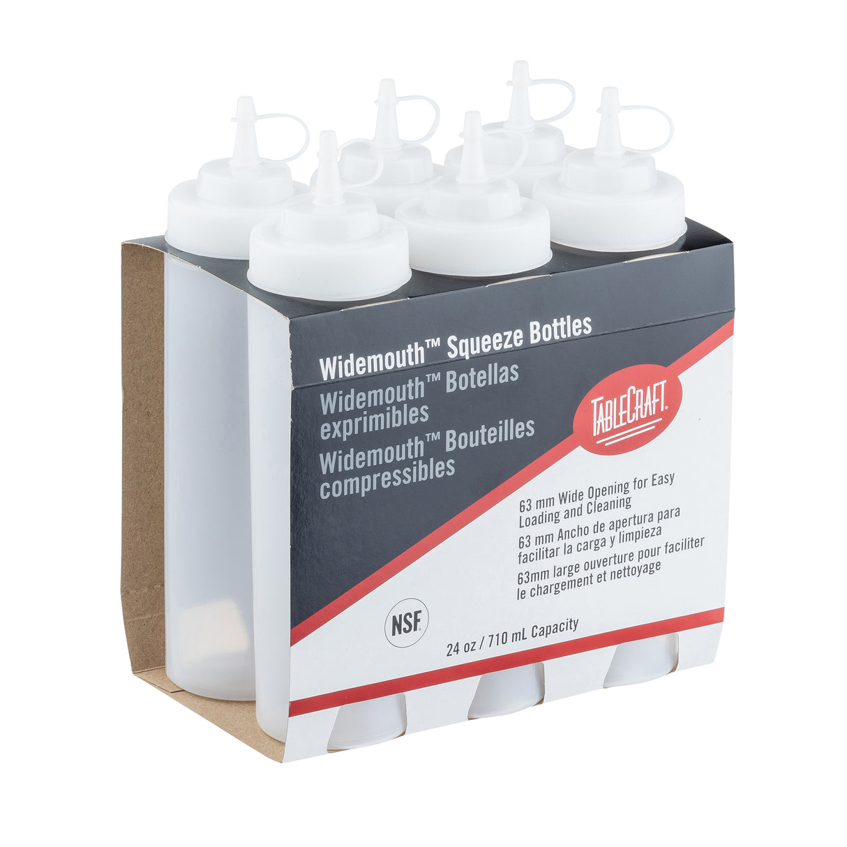 A six-pack of TabloCraft WideMouth Squeeze Bottles, each dishwasher safe with a white cap, sits in a brown cardboard holder. The front label lists features in English, Spanish, and French; the NSF logo appears on the packaging. Each bottle holds 24 oz (710 mL).