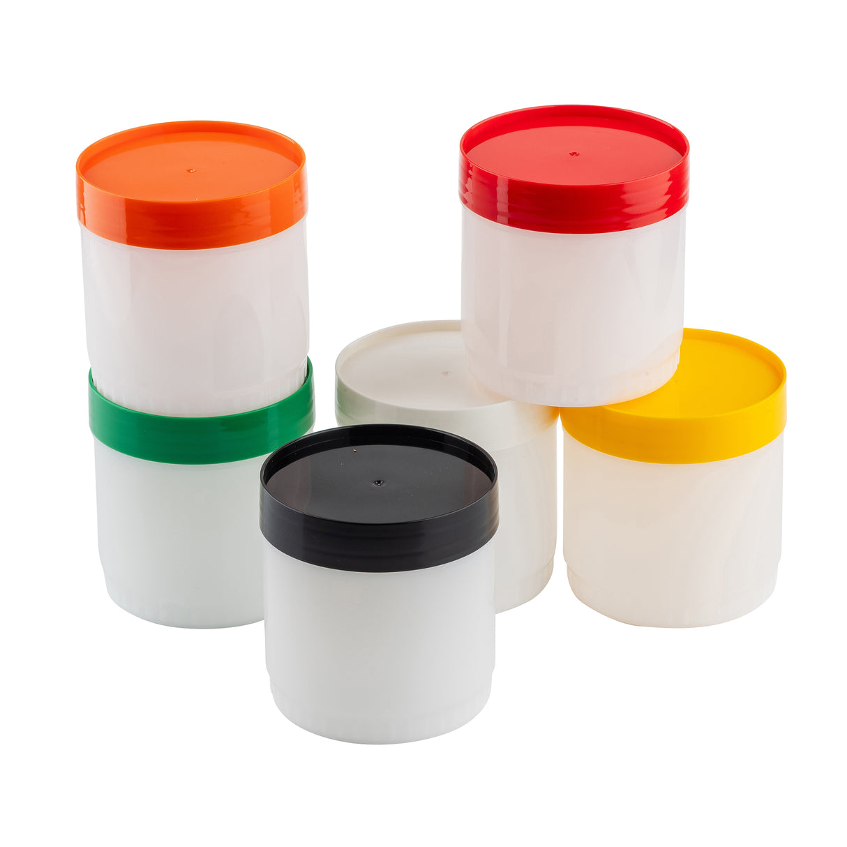 Six white HDPE storage jars with colored lids—orange, red, green, black, yellow, and white—are arranged in two stacked rows on a white background. The cylindrical jars from TableCraft Products are opaque and unlabelled.