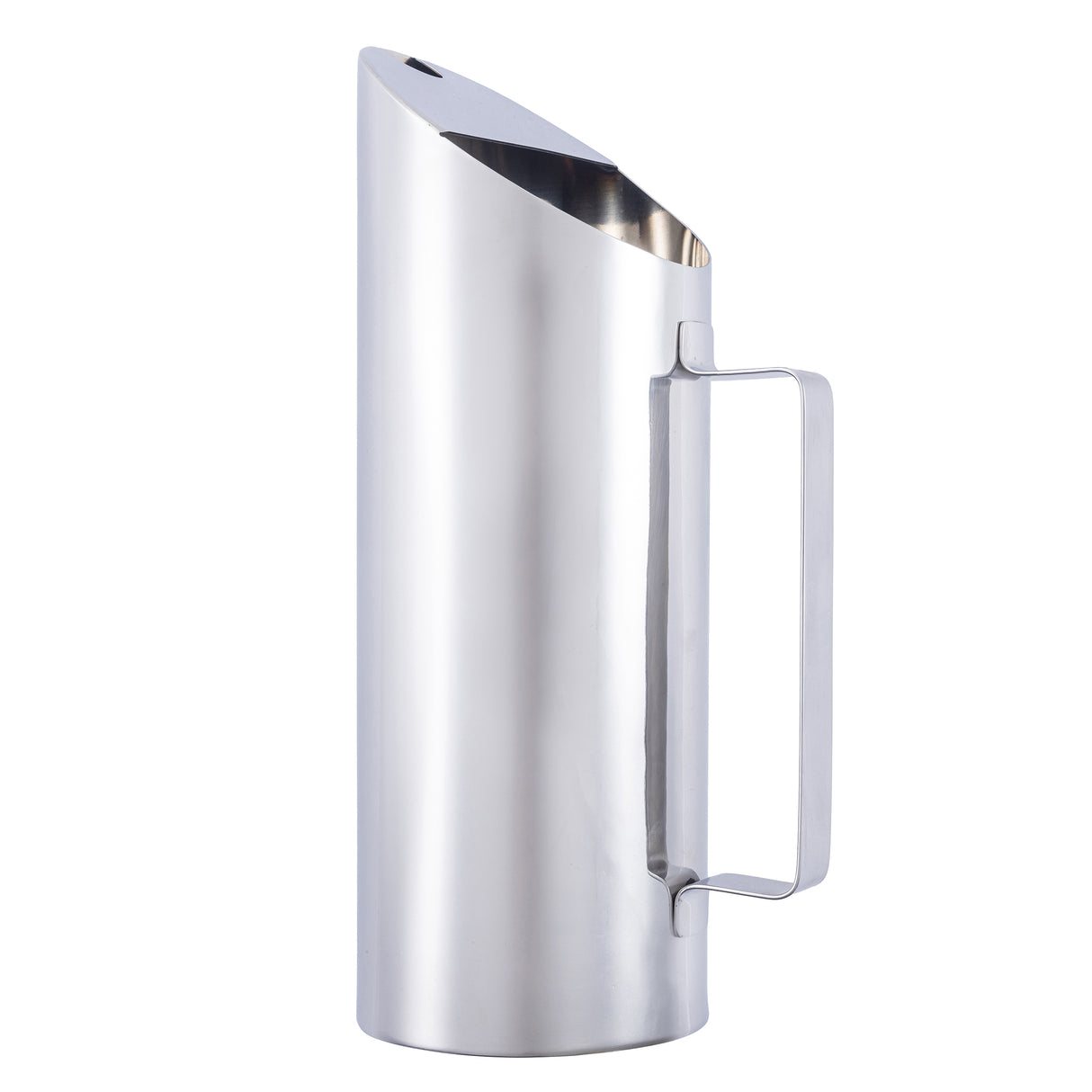 A modern, tall 1.5 quart stainless steel pitcher with a sleek cylindrical body, angular spout, and rectangular handle. The polished surface reflects light, while the minimalist design gives this premium pitcher a contemporary, elegant appearance.