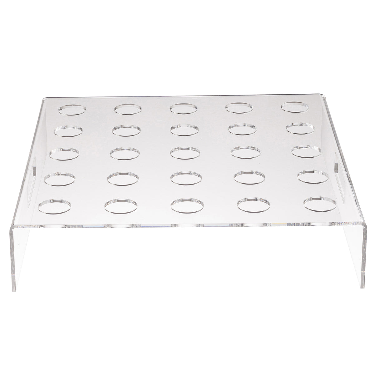 A clear acrylic cone holder display stand with a rectangular top and four legs, featuring five rows of five circular holes, perfect for holding or organizing small cylindrical items like the TableCraft cone holder.