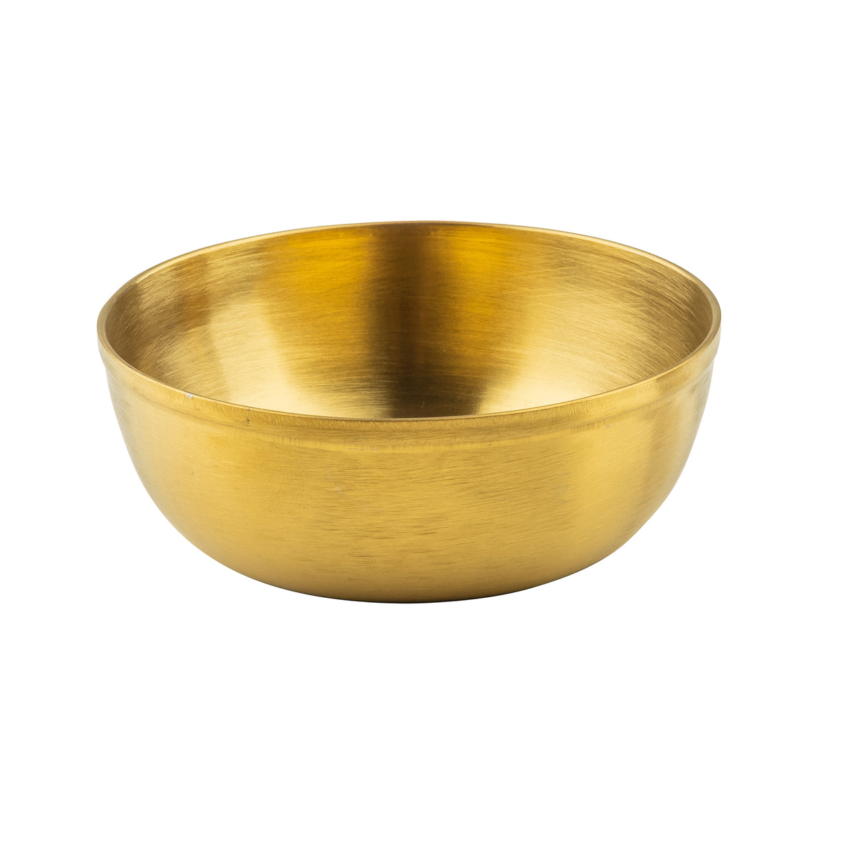 A round, shallow serving bowl with a smooth, gold brushed brass finish. The bowl features slightly curved sides and a simple, unadorned rim, photographed against a plain white background.