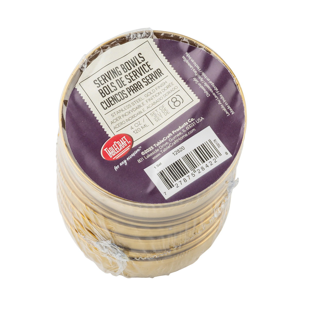 A stack of eight tan-colored bamboo Serving Bowls is wrapped in clear plastic. The top label offers details in English, French, and Spanish. The barcode and TableCraft brand name are visible, adding a touch of style to your tableware collection.