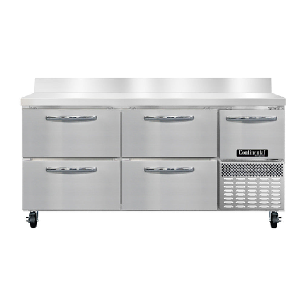 Continental Refrigerator RA68NBS-D Refrigerated Base Worktop Unit 68"W 300 Series Stainless Steel Work Top With 5-1/2"H Backsplash