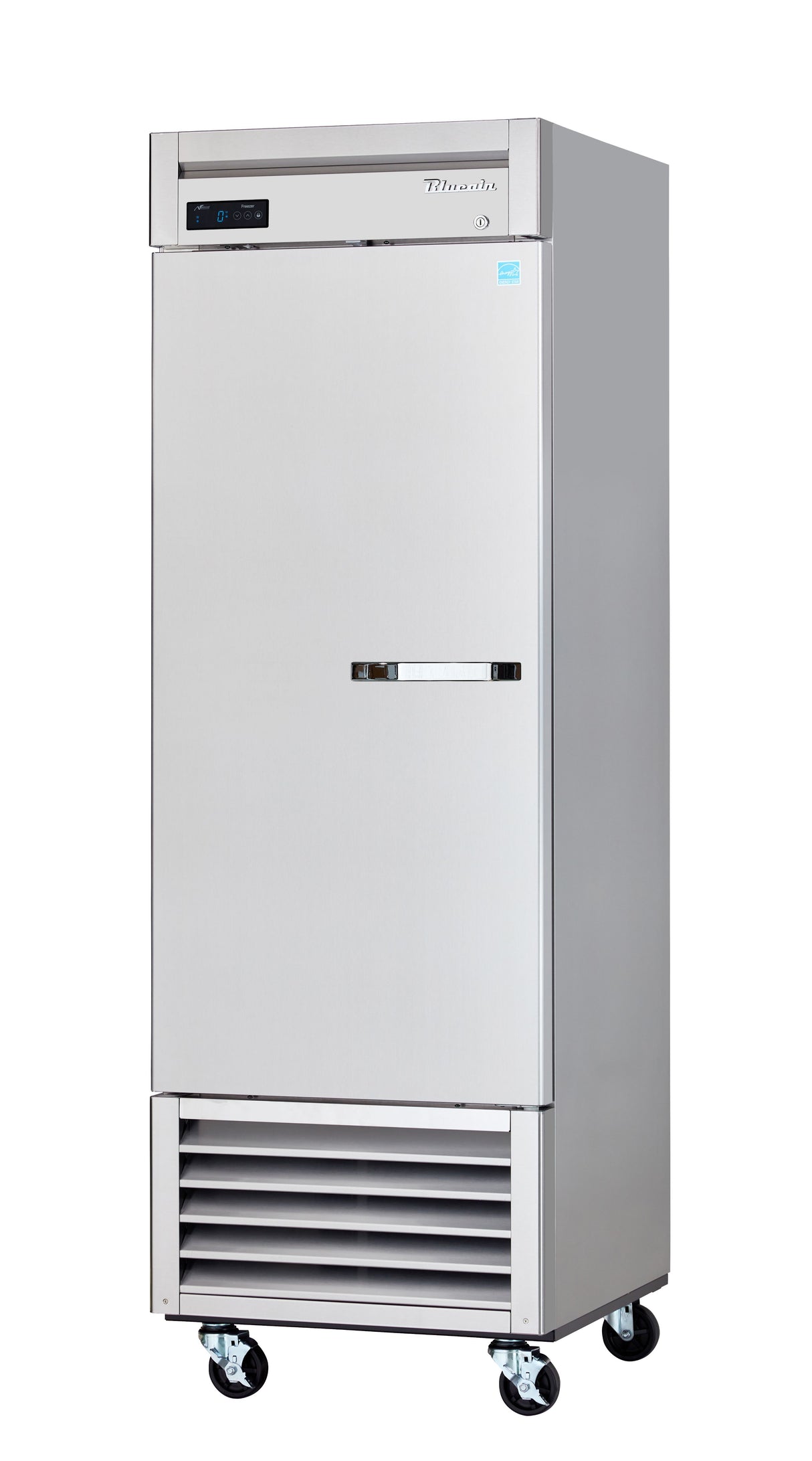 A tall, single-door stainless steel reach-in freezer on four black caster wheels. The front features a digital display panel at the top, a horizontal handle in the center, and air vents at the bottom. The design is sleek and industrial.