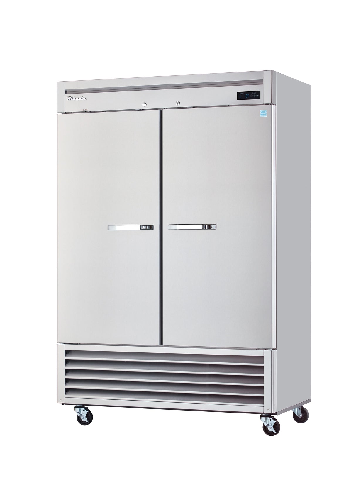 A large, stainless steel, commercial reach-in refrigerator on four wheels. It features vertical door handles, a vented base, a digital display on the upper right, and a sleek, modern design suitable for professional kitchens. The background is plain white.