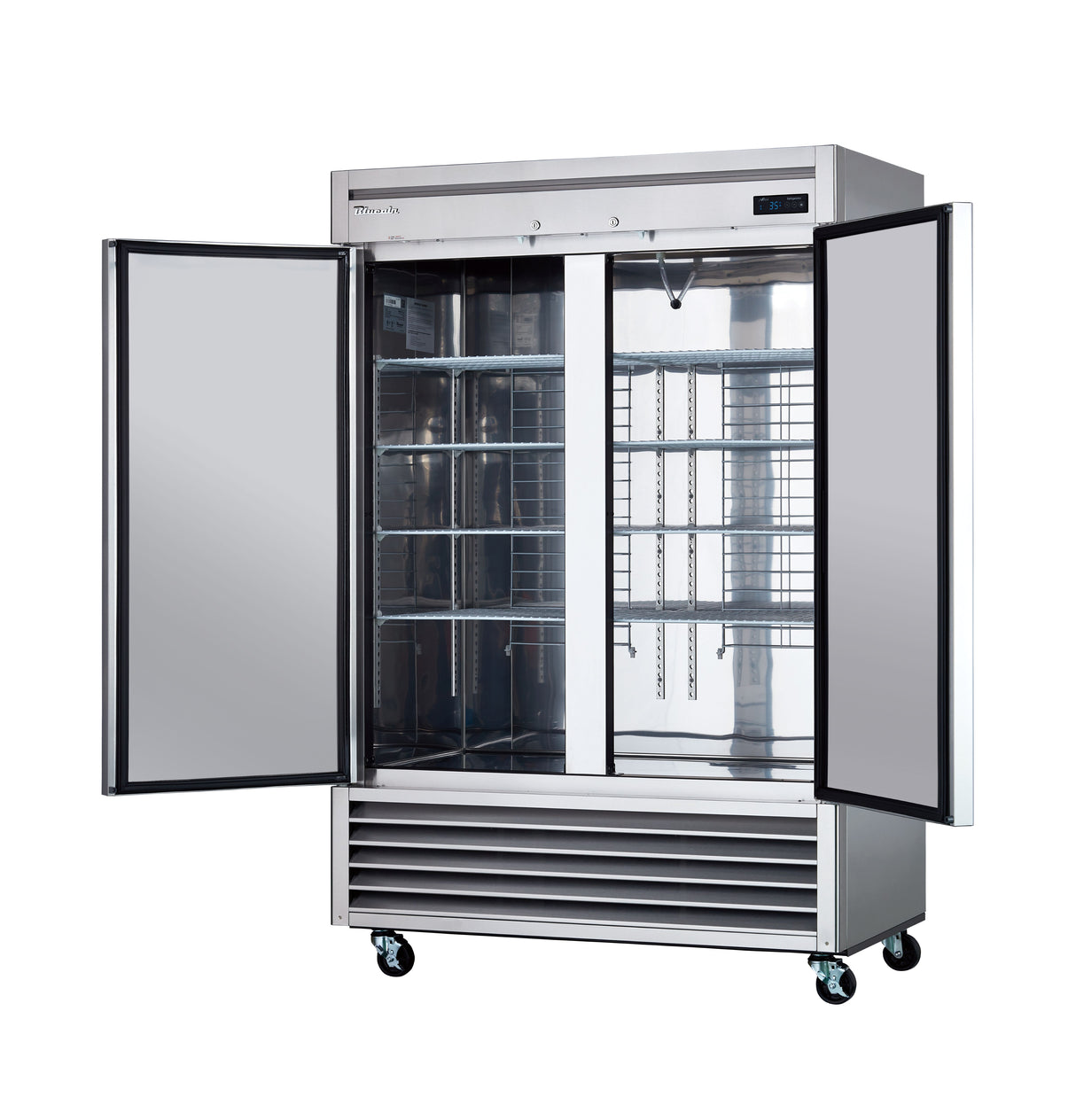 A commercial two-section reach-in refrigerator with stainless steel construction features two open glass doors revealing metal shelves. The unit stands on wheels, has a vented panel below, and a digital control panel on the upper right corner.