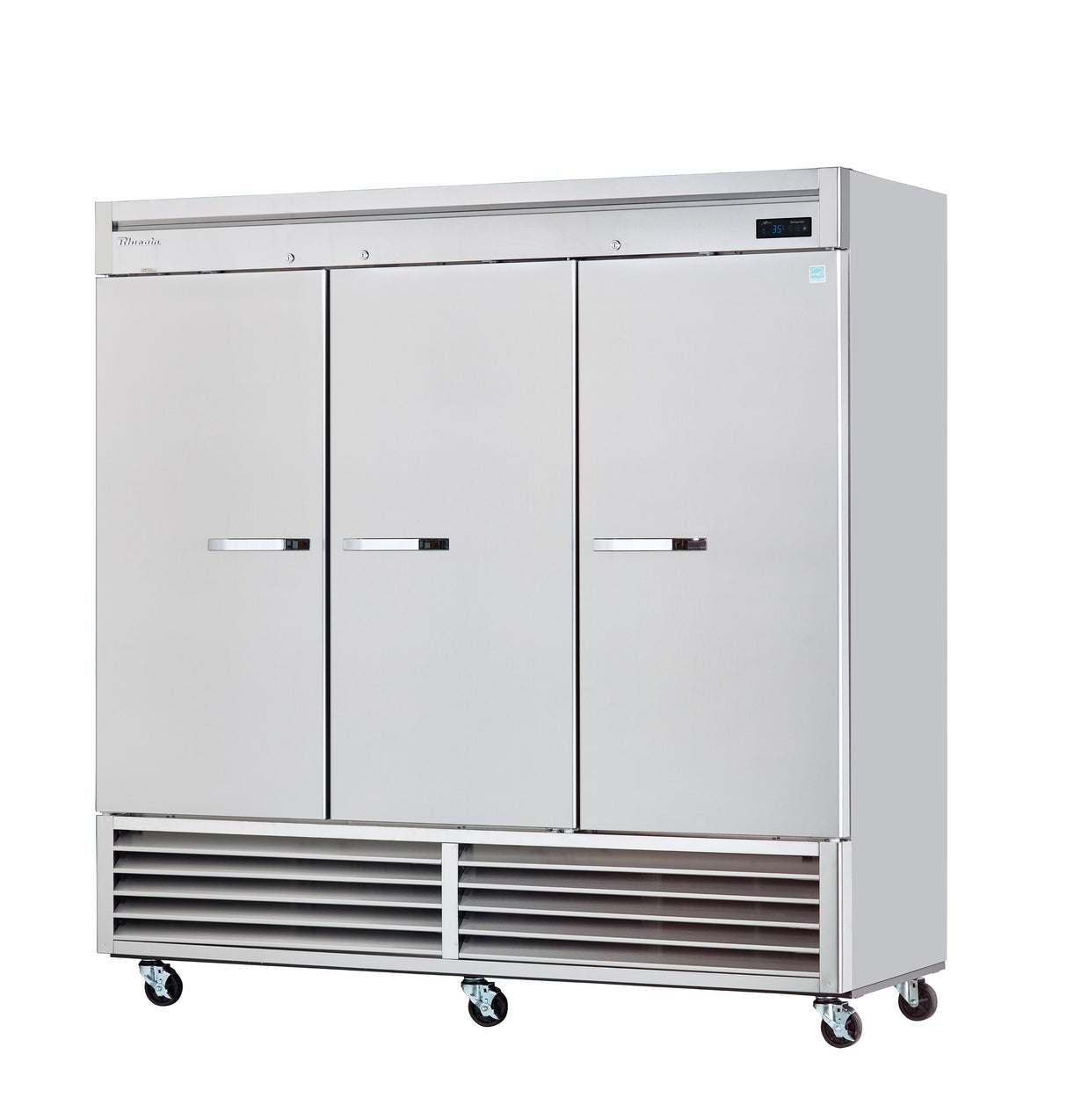 A large, three-section stainless steel reach-in refrigerator with vertical doors and horizontal handles. It stands on four caster wheels, features a vented airflow panel at the bottom, and has a small display on the upper right corner.