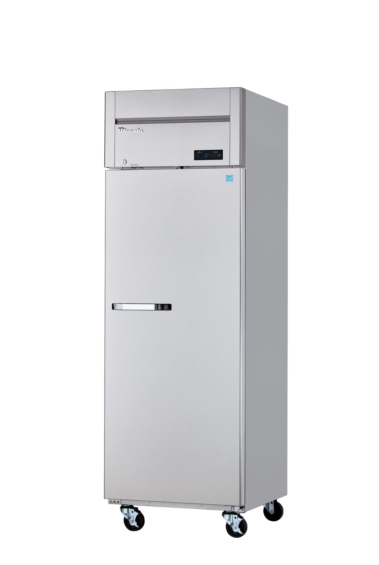 A tall, silver, single-door reach-in freezer on four black caster wheels. The front features a horizontal handle, a digital display near the top, and a brand label. The background is plain white with no other objects visible.