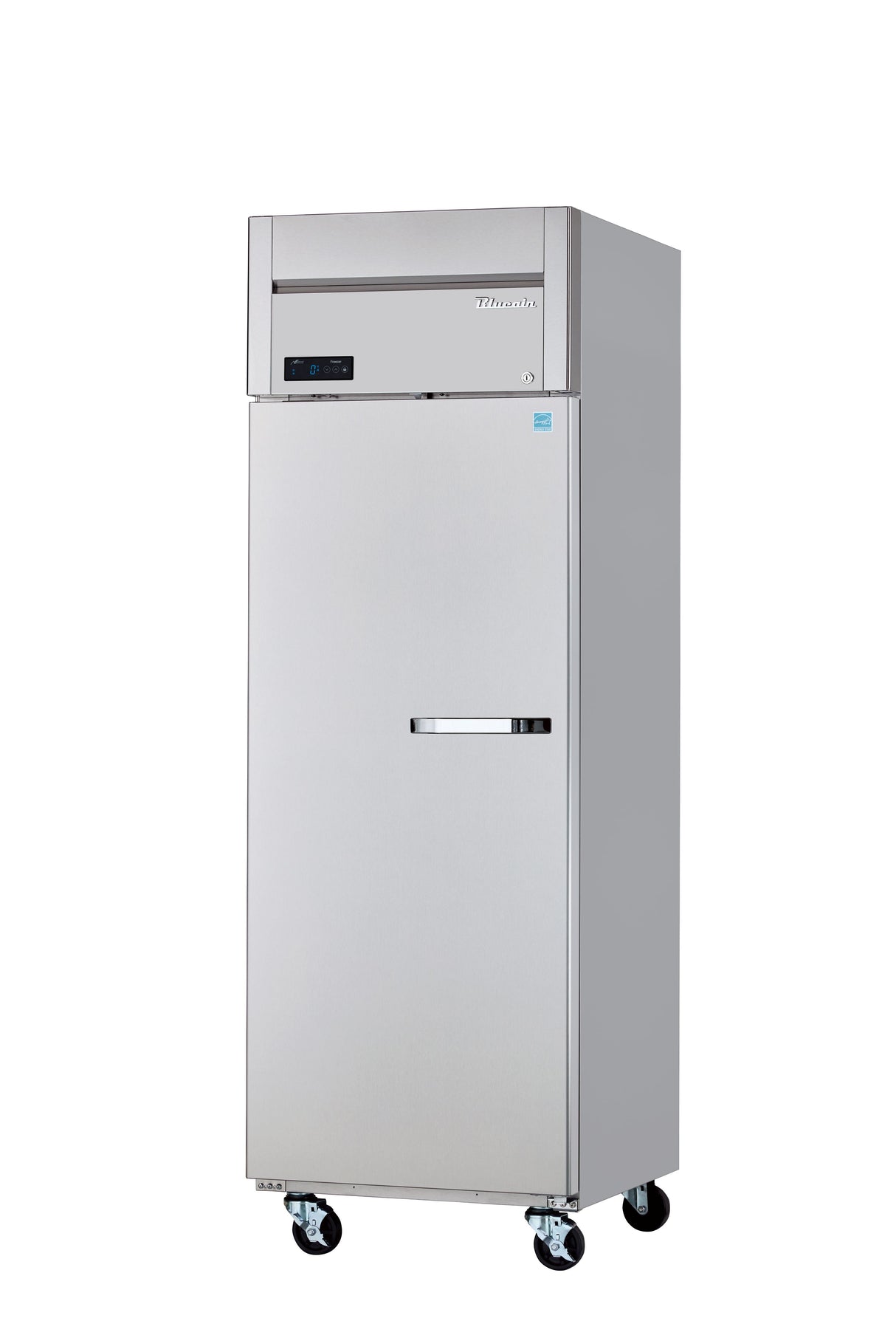 A tall, single-door stainless steel ENERGY STAR reach-in refrigerator features a digital control panel on top, sleek handle, and four caster wheels for mobility, set against a plain white background.