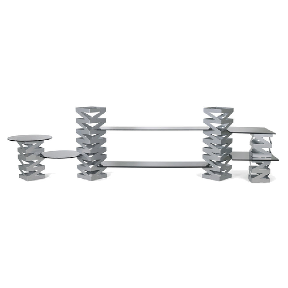 FOH BST005MUM28_ Buffet Essentials Zig Zag Smoke Glass On Silver Includes One BRI007BCI28 22.5" Zig Zag Risers Set Of 2 Silver