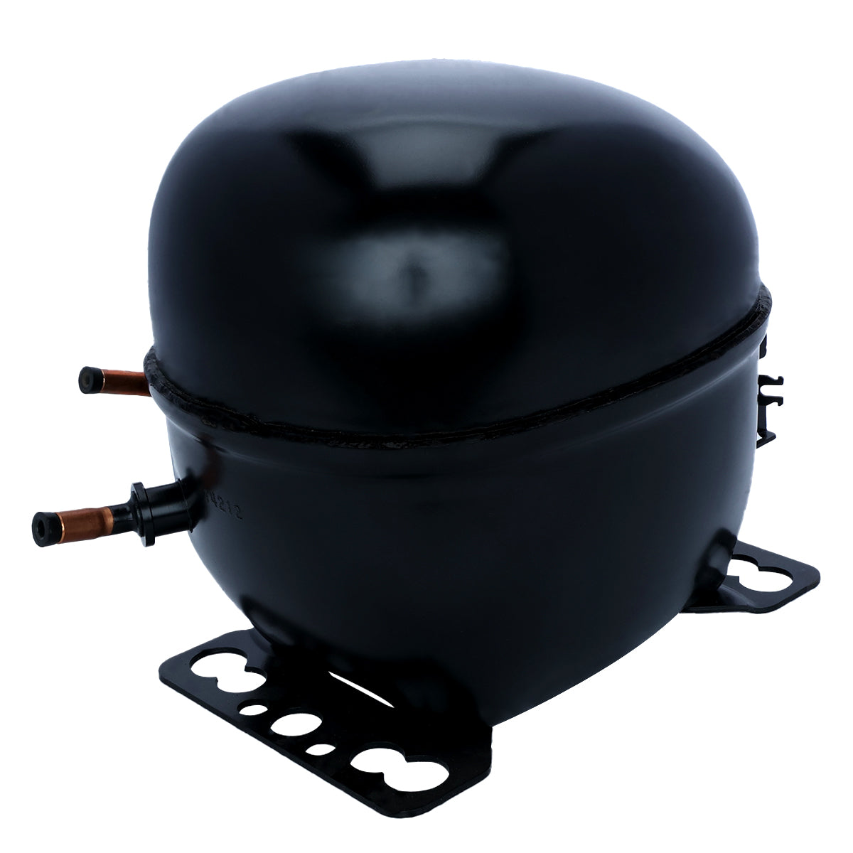 A black, oval-shaped compressor with a smooth, shiny surface, mounted on a metal base with holes for screws. Two copper pipes extend from one side for refrigerant flow. Ideal as a replacement for Empura Ice Machines or other Empura Parts.