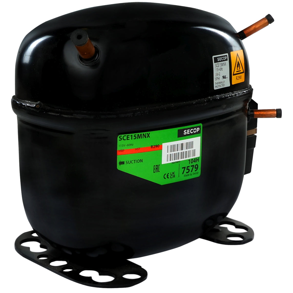 A black, cylindrical E-MCF430 compressor for Empura Ice Machines with green and white labels, copper connection pipes, and warning stickers. The unit rests on a metal base with mounting holes and features a slightly rounded top.