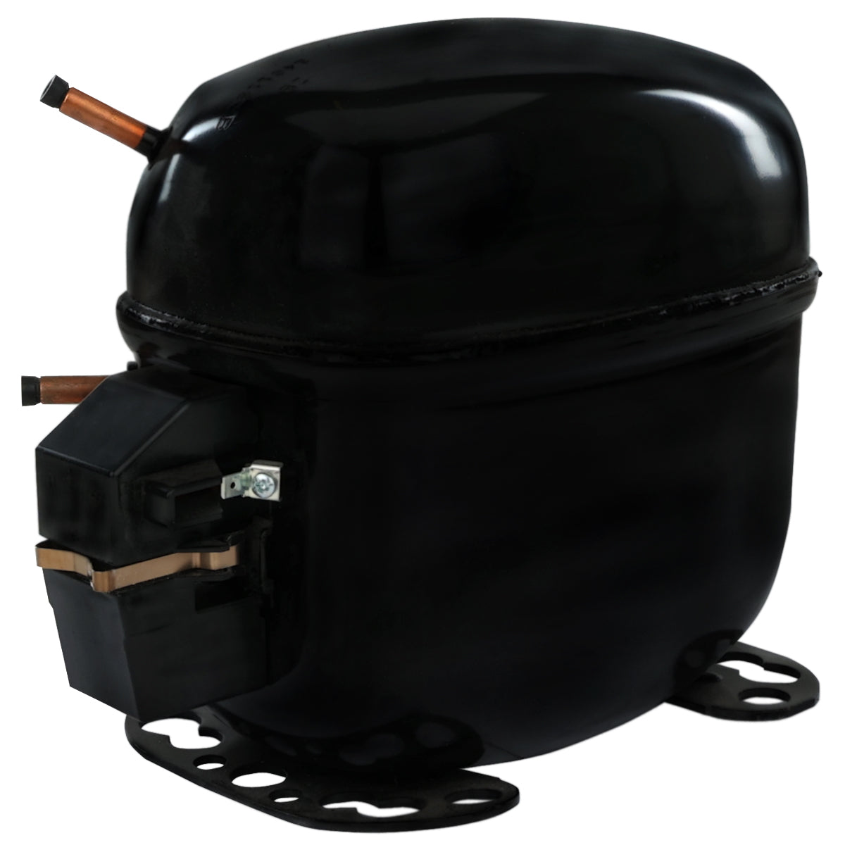 A black, oval-shaped compressor for Empura Ice Machines (E-MCF430) with two copper pipes protruding from the top and side. It features a glossy, reflective surface, metal mounting base with screw holes, and an electrical terminal on one side.