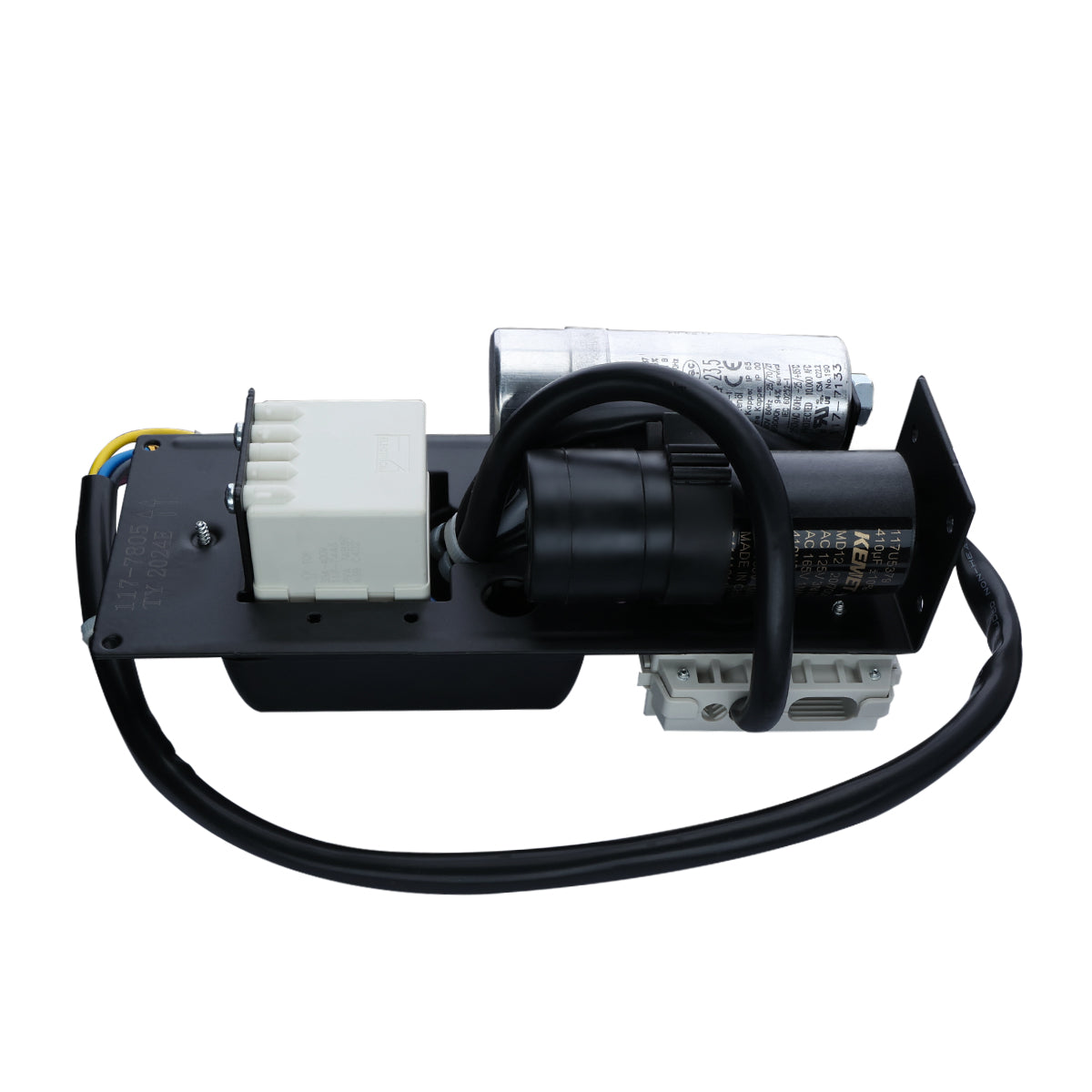 A black electrical component assembly for Empura Ice Machines, featuring a circuit board, two cylindrical capacitors, a white relay block, and a thick black cable with exposed colored wires—all mounted on a rectangular black metal base.