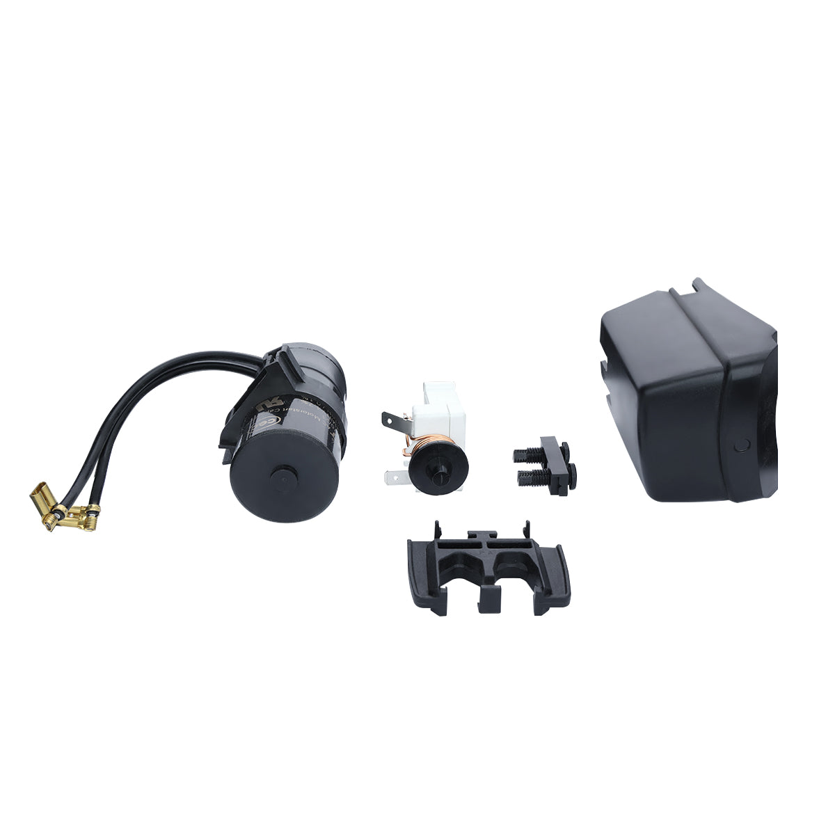 Five components displayed on a white background: a cylindrical black Empura compressor for E-MCF500 ice machines with attached wires, a small white and copper part, a rectangular black plastic housing, a small black connector, and a black mounting bracket.