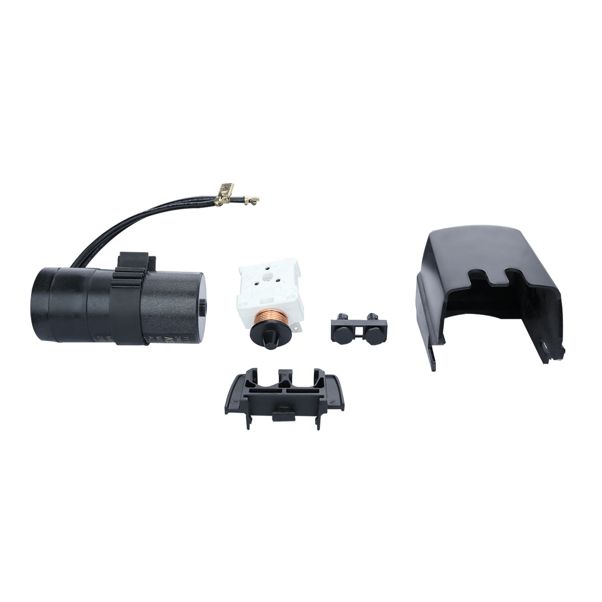 Five separate black and white plastic and metal components for Empura ice machines, including the E-MCF500 model, are displayed on a white background—a cylindrical part with wire, switch-like component, two mounting brackets, and a black cover piece.