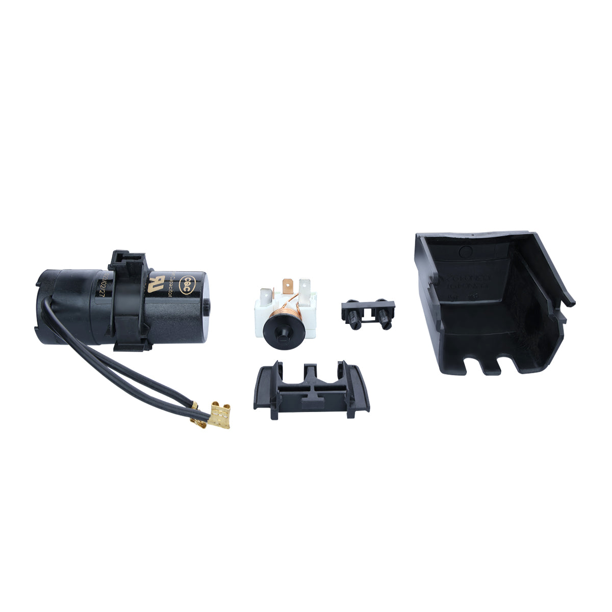 Five black and white electrical components for Empura ice machines are arranged in a row: a cylindrical part with wires, a white piece with metal connector, a black circular component, rectangular holders, and an E-MCF500 Empura compressor cover.