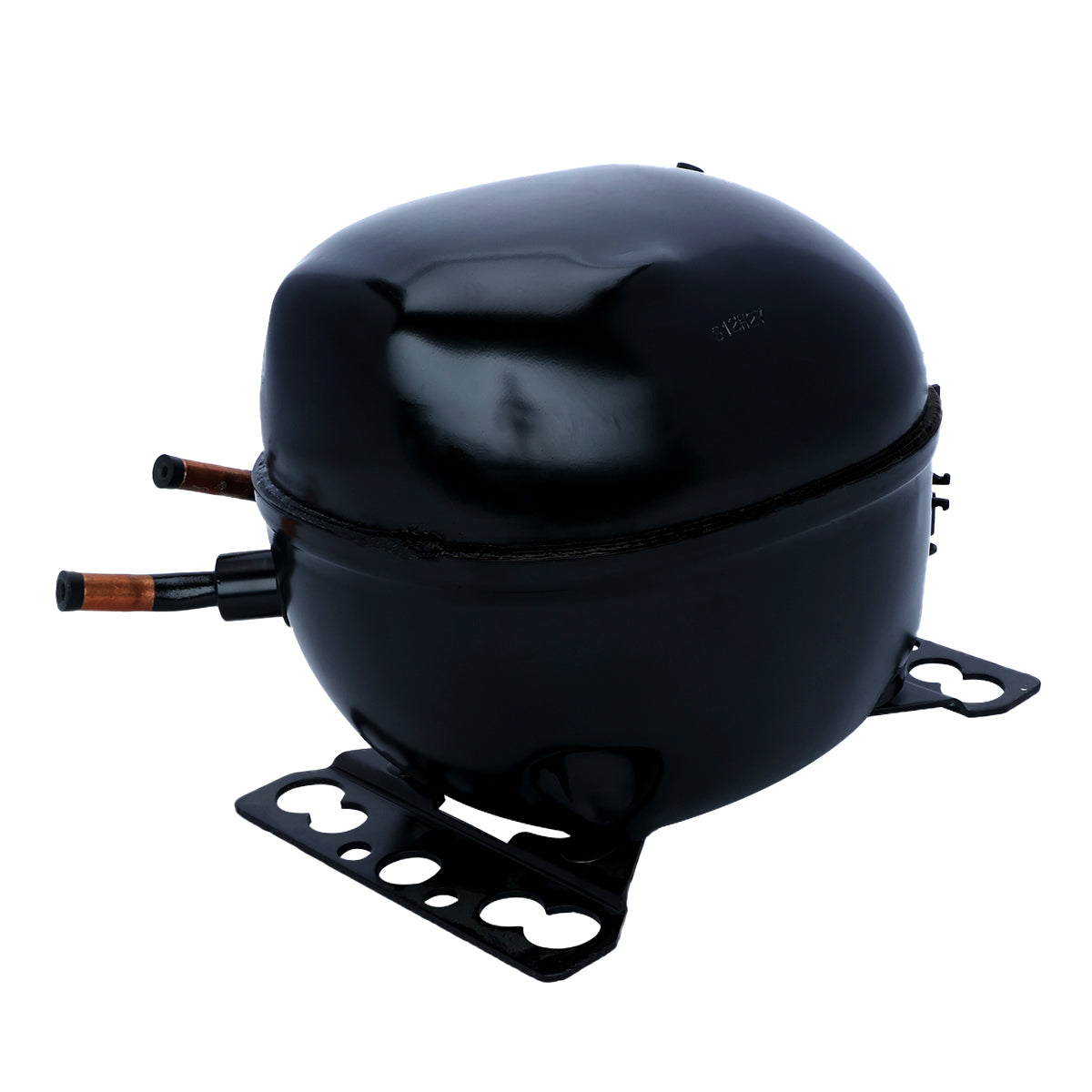 A black, oval-shaped Empura compressor with two copper tubes protruding from one side and a metal mounting bracket attached at the base, ideal for Empura Ice Machines, isolated on a white background.