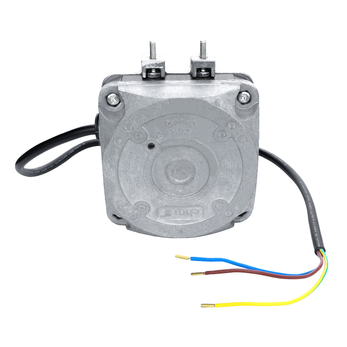 A square-shaped electric motor with a metal casing, two mounting bolts on top—ideal for Empura Ice Machines. Features a black wire extending from one side and three colored wires (brown, yellow-green, blue) for easy fan installation.