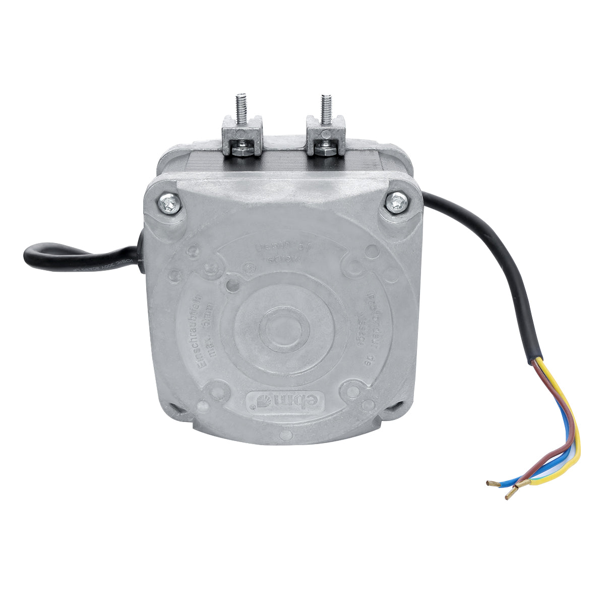 A close-up of a metallic electric motor fan for Empura Ice Machines shows a black cable and four exposed colored wires (blue, yellow, brown, black) extending from the right. The housing is silver-gray with two terminal bolts on top—ideal as Empura Parts.