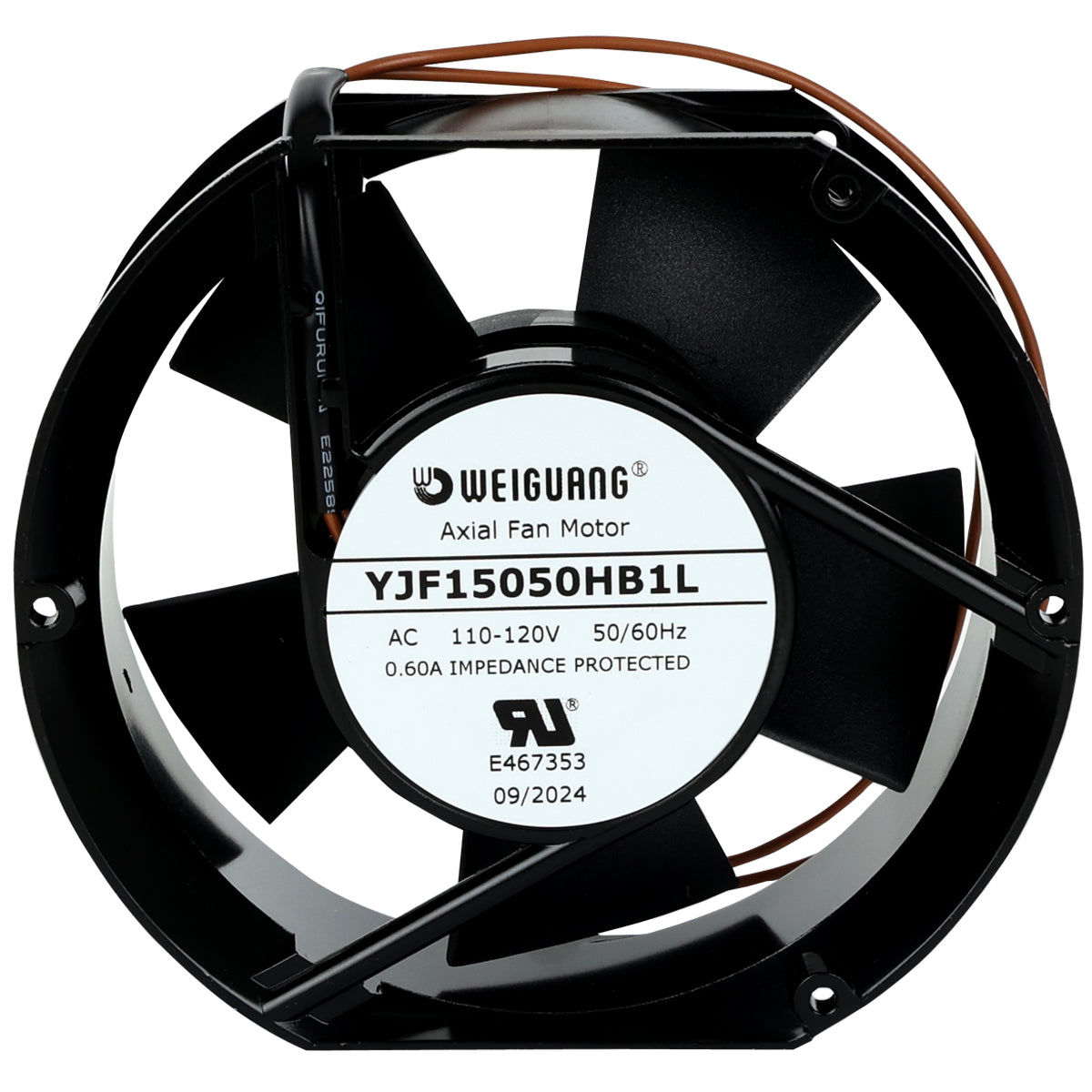 A black Weiguang axial fan motor with five blades, ideal for Empura Ice Machines, is shown. The center label lists model YJF15050HB1L, specs, certification marks, and a 09/2024 date code. Copper wires extend from the top—perfect as an Empura Part replacement fan.