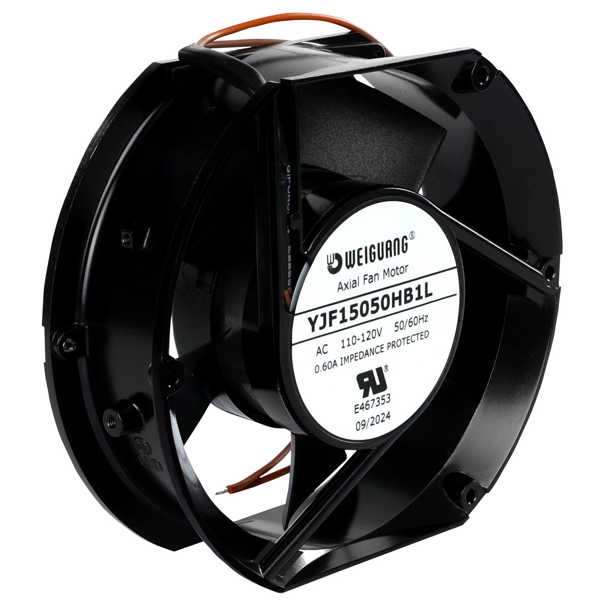 A black Weiguang axial fan motor, ideal for Empura Ice Machines, features a round label showing model YJF15050HB1L. The fan has curved blades, a protective frame, and visible copper wiring on top—perfect as a replacement Empura Parts component.