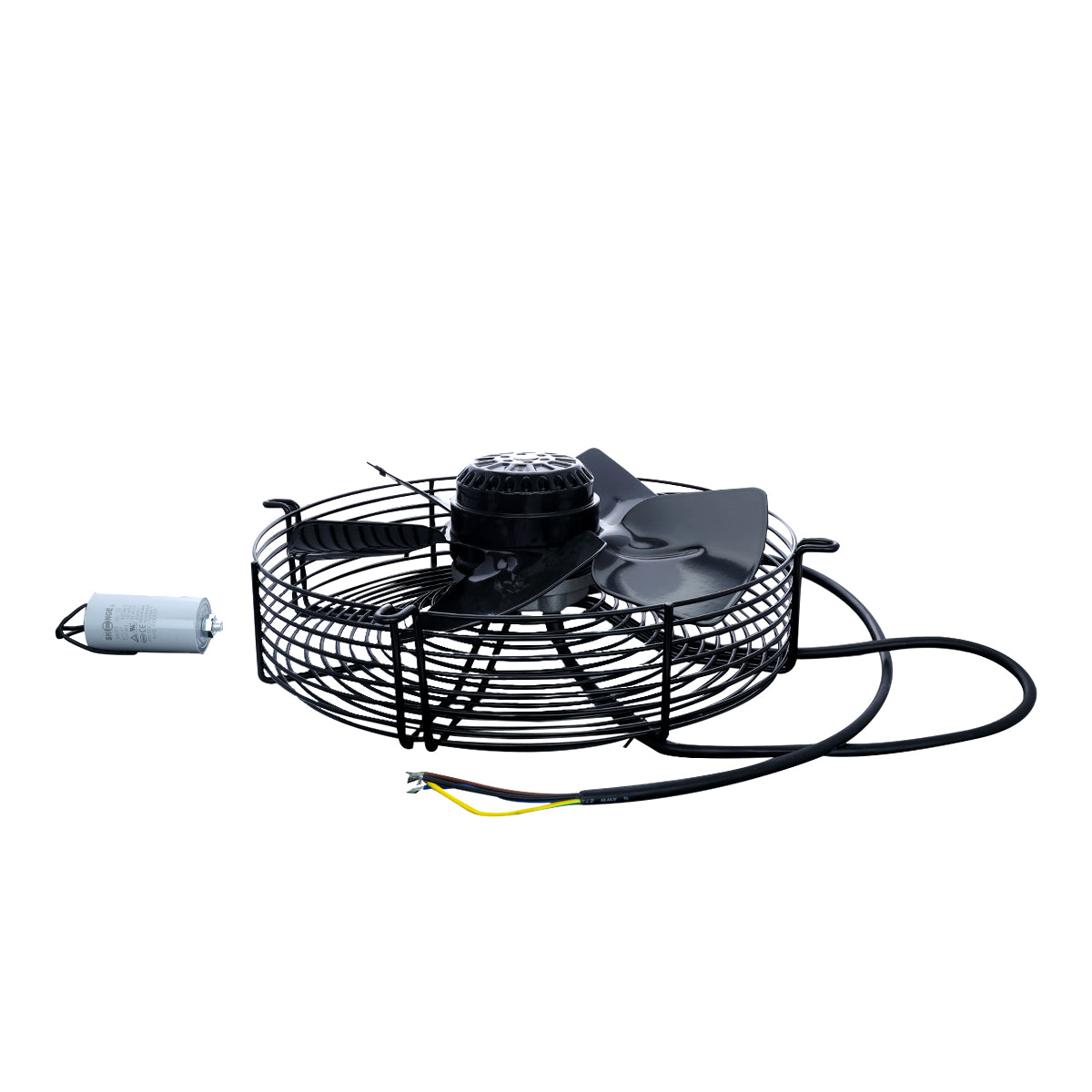 A black metal axial fan with four blades, enclosed in a protective wire cage. A cylindrical capacitor is attached by a cord, and two exposed wires extend from the fan—an essential Empura Parts component for Empura Ice Machines.