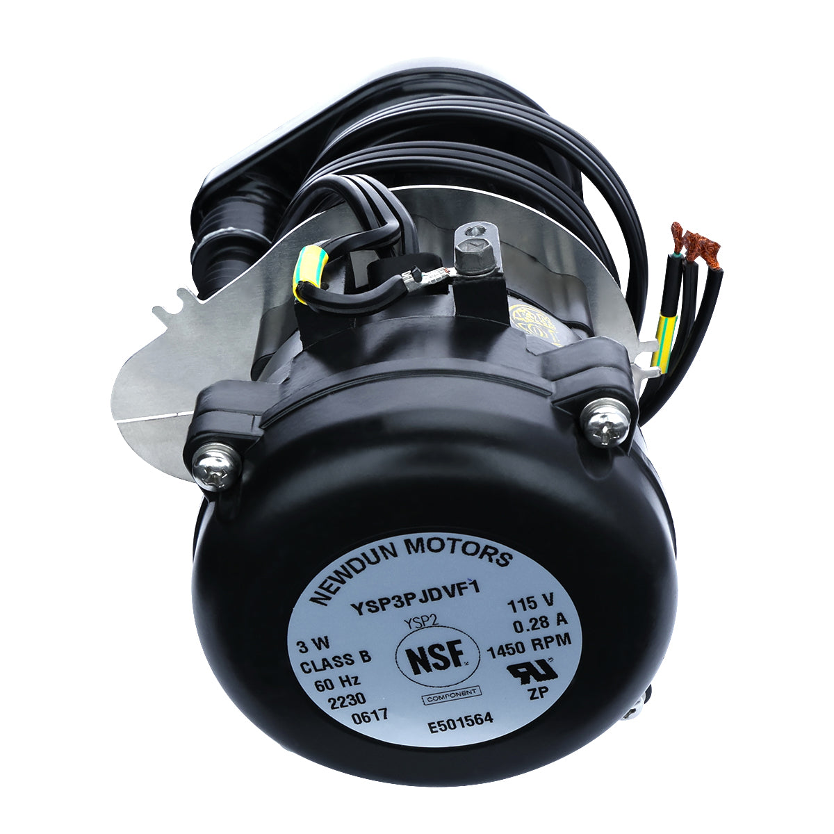 Close-up of a black E-UCF120 motor with a metal bracket, coiled wires, and exposed copper ends. The label reads “NEWDUN MOTORS,” with specs including 115V, 0.28A, 3W—ideal for water pump use in Empura Ice Machines. White background.